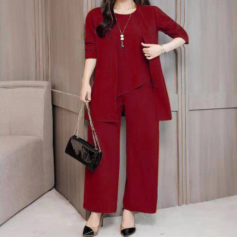 Women's Plus Size 3-Piece Lounge Set – Cardigan, Vest & Wide-Leg Pants Wine red