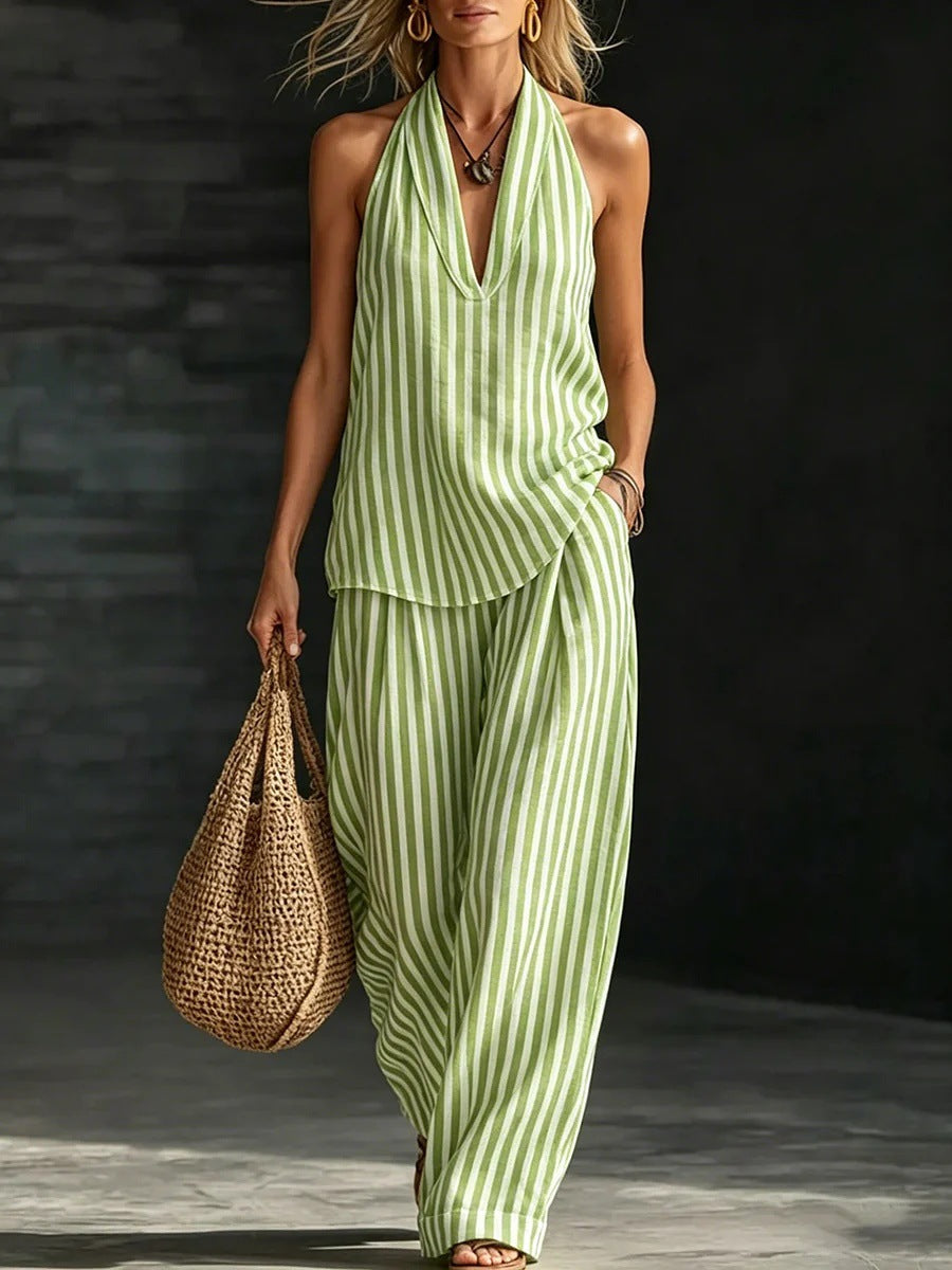 Women's Striped Sleeveless Top & Wide-Leg Pants Set – Fashionable 2-Piece Green