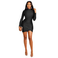 Slim Fit Sheath Fitted Waist Pleated Long Sleeve Dress Nightclub Black