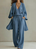 Women's V-Neck Cardigan Coat, Pocket Vest & Long Pants Three-Piece Set Blue
