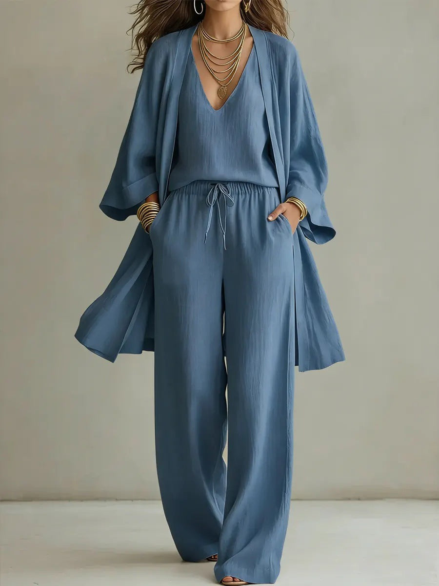 Women's V-Neck Cardigan Coat, Pocket Vest & Long Pants Three-Piece Set Blue