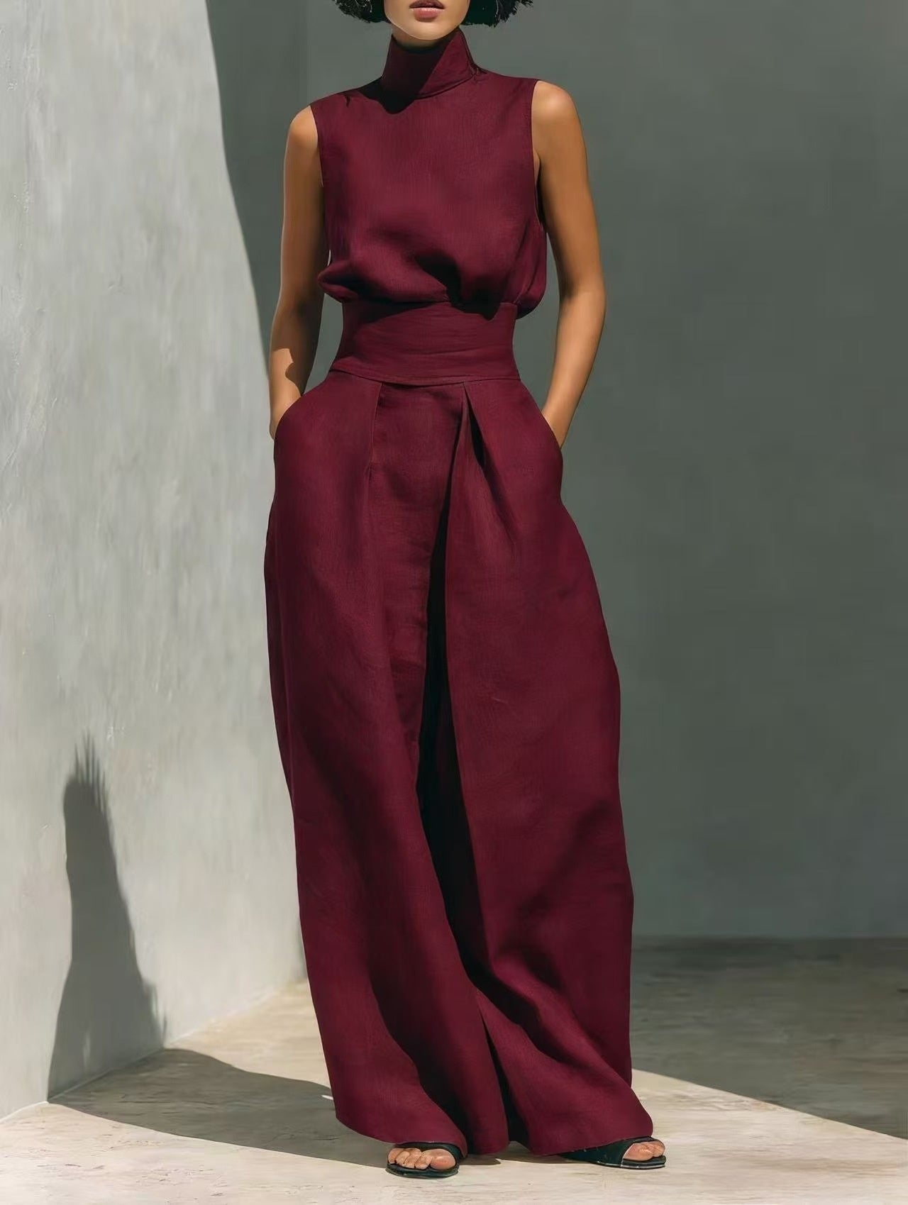 Women’s Cotton Linen Two-Piece Set – Sleeveless Top & Wide-Leg Pants Wine Red