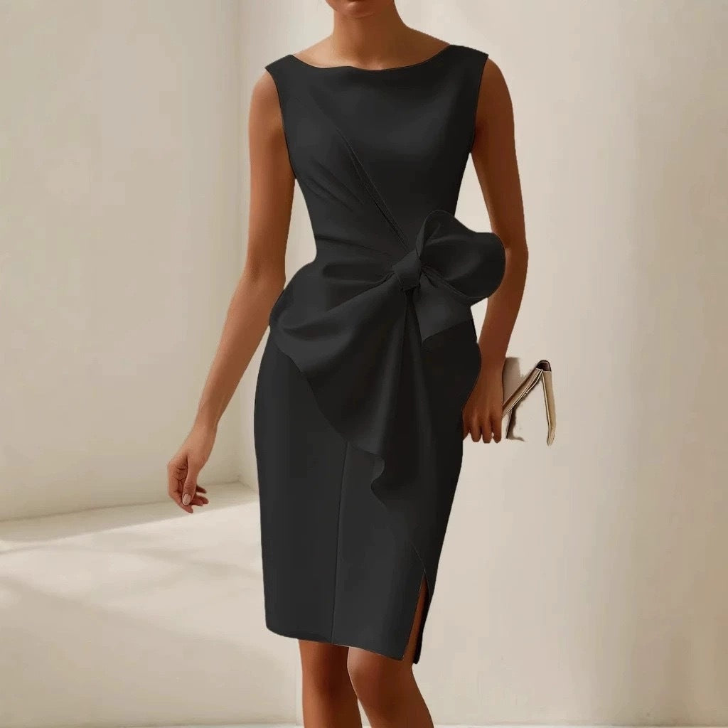 Women's Bow-Knot Sleeveless Midi Dress – High Waist A-Line Black