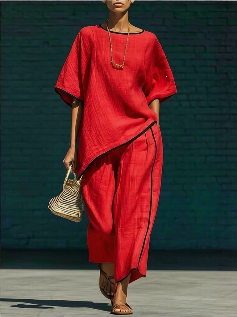 Women's Casual Resort Loose Short-Sleeve Top & Pants Set Red