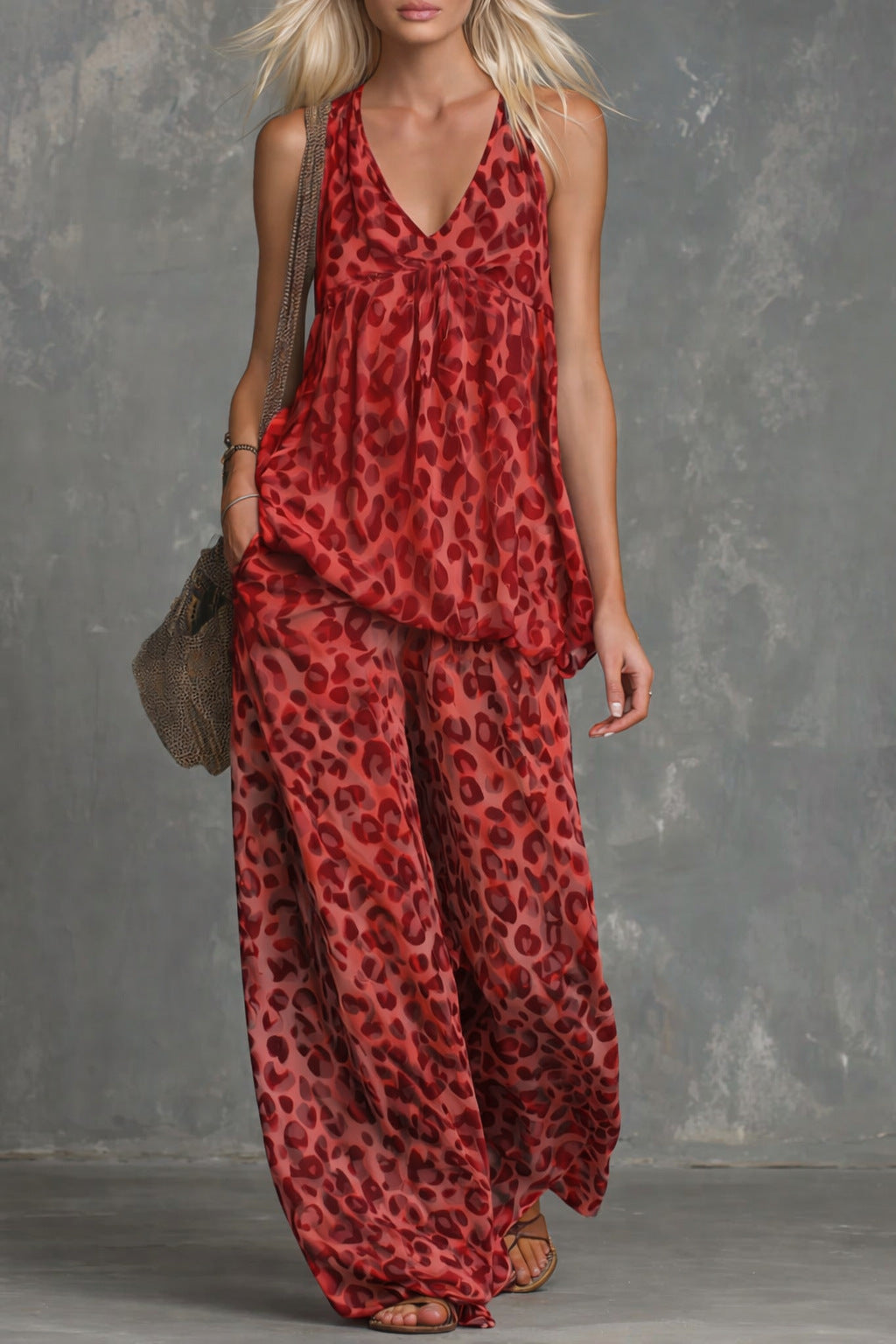 Women’s Leopard Print Sleeveless Top and Chiffon Pants Set Red