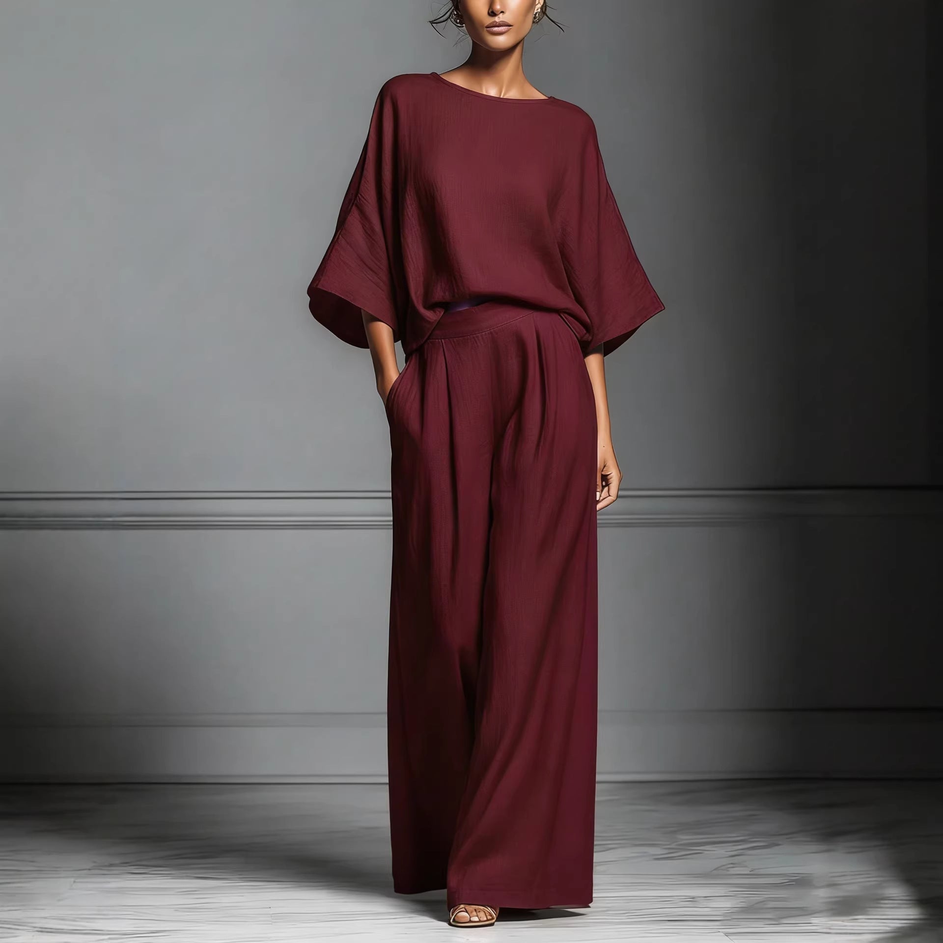 Women’s Flared-Sleeve Linen Suit Two Piece Set Wine Red