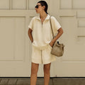 Women's Solid Color Sweatshirt Set – Casual 2-Piece Short Top & Pants Apricot