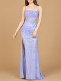 Beaded Corset Prom Gown with Slit Blue Iris