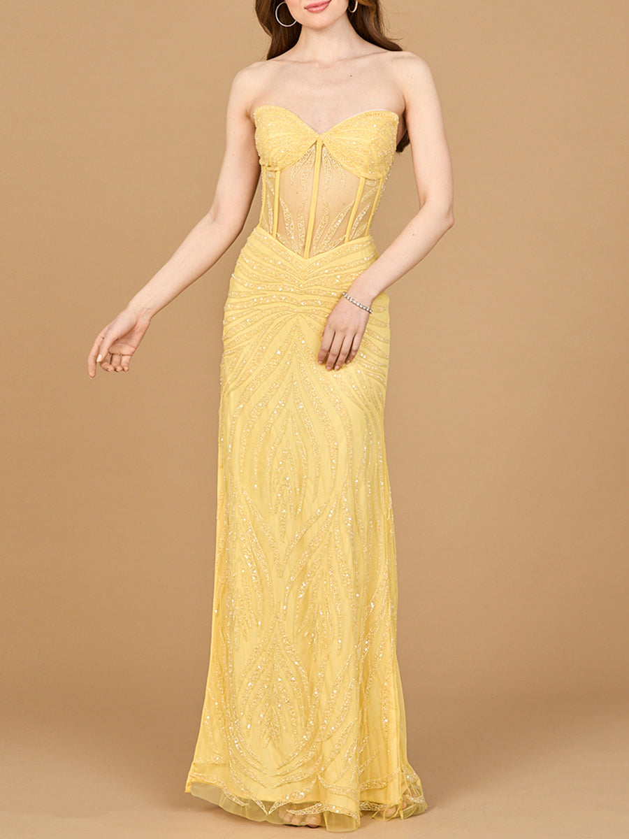 Beaded Corset Prom Dress with Slit Lemon