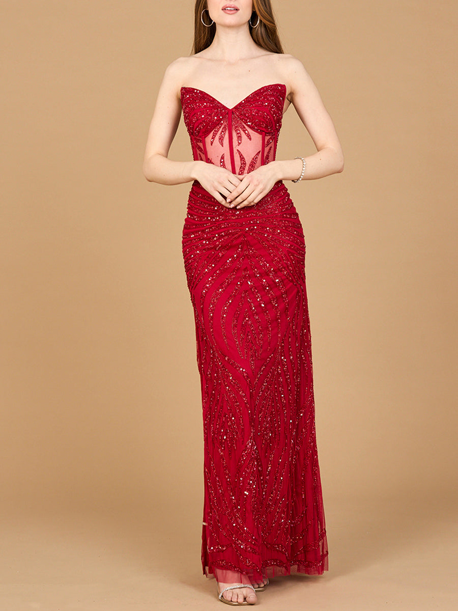 Beaded Corset Prom Dress with Slit Red