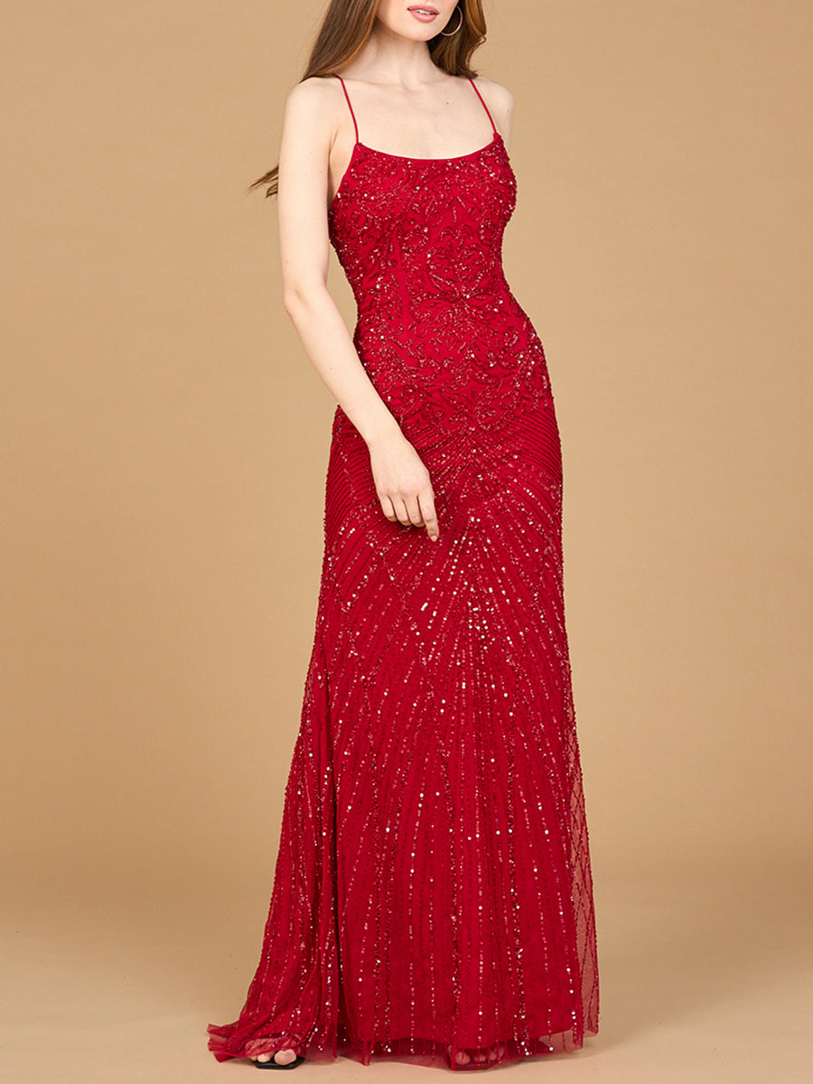 Lace Up Open Back Beaded Dress Red