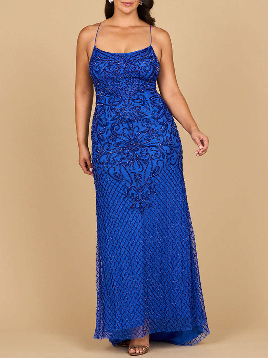 Lace Up Open Back Beaded Dress Royal