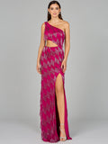 One Shoulder Fringe Gown Raspberry