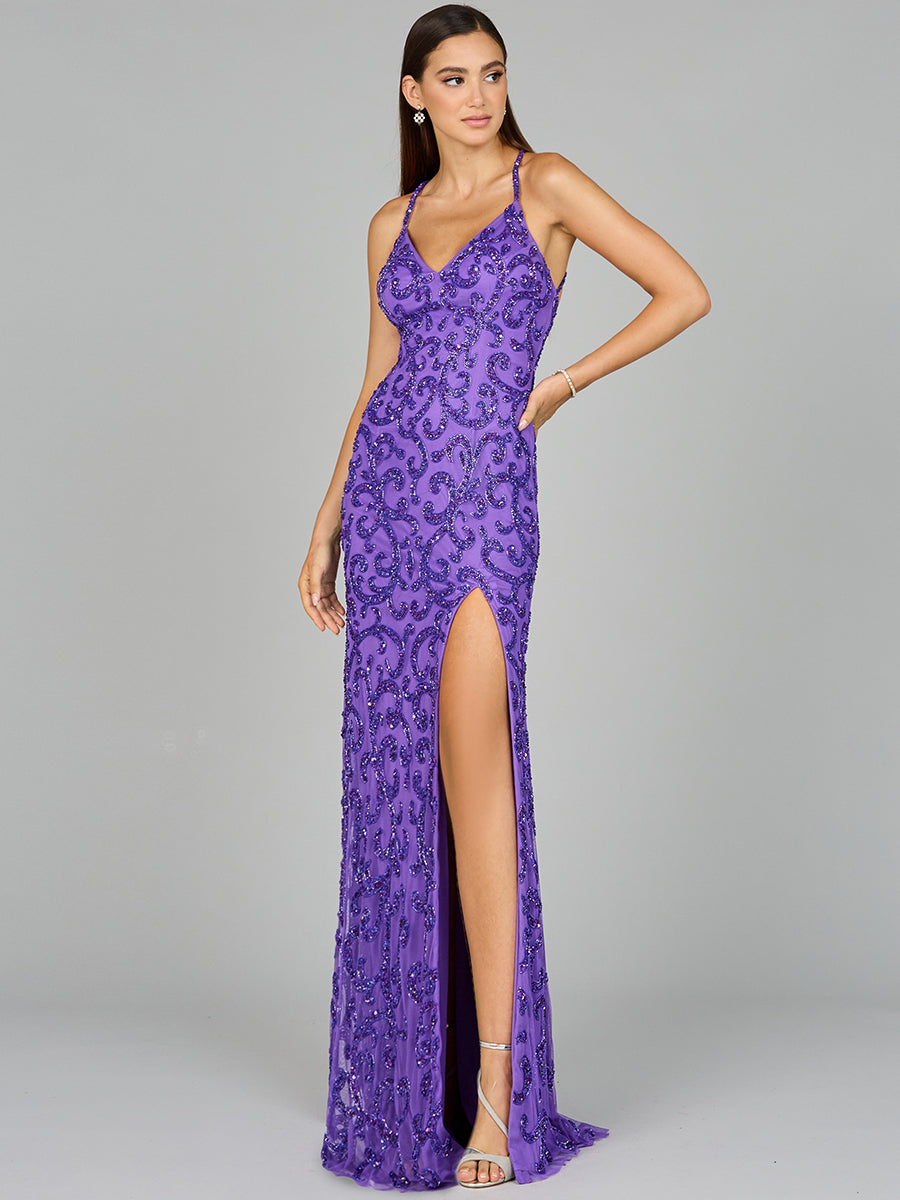 Sultry Beaded Gown with Slit Purple