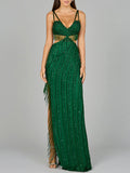 Cutout Beaded Gown with Fringes Emerald