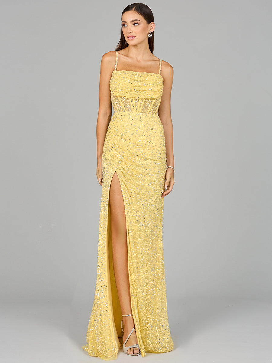 Elegant Corset Gown with Slit Lemon