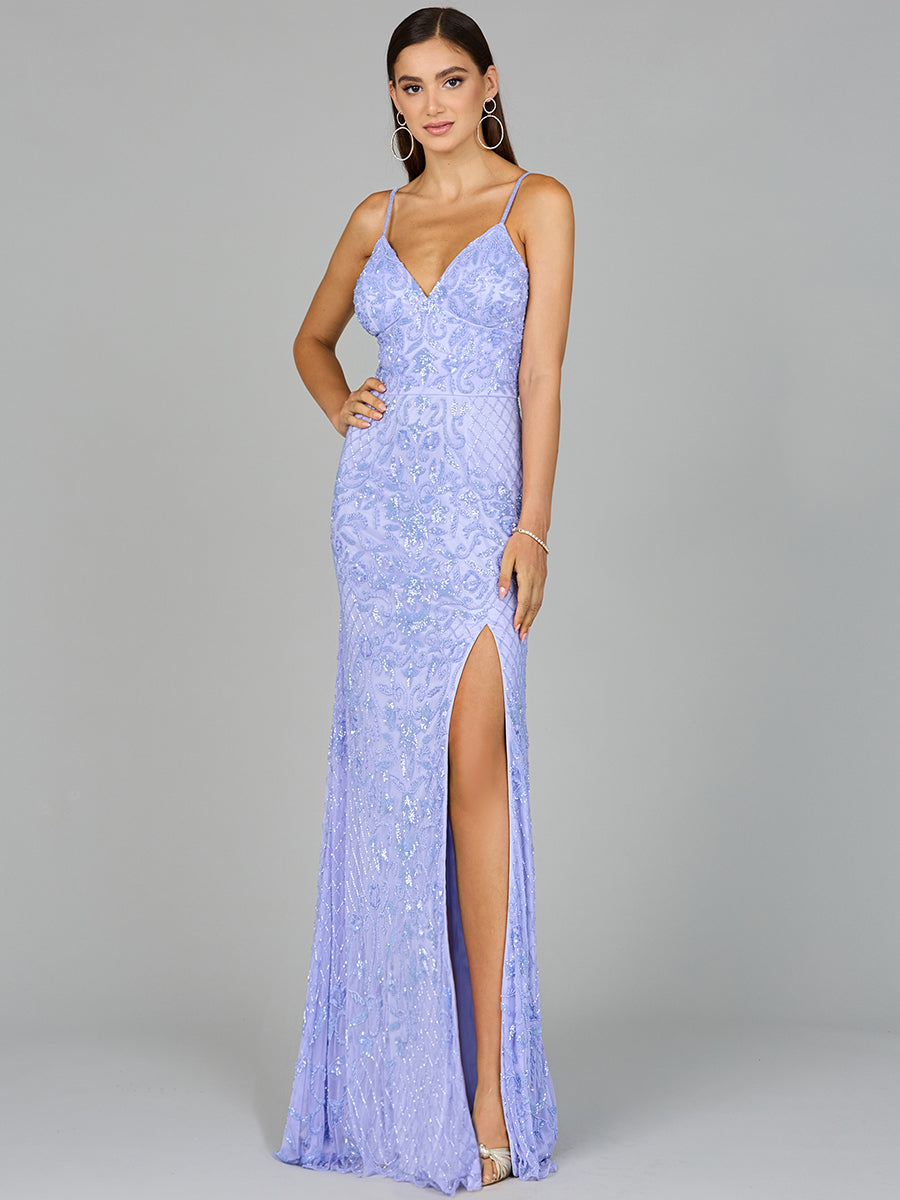 Body Con V-Neck Beaded Gown Blue Iris