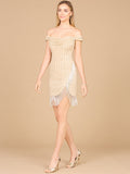 Off Shoulder Fringe Wrap Dress Nude Silver