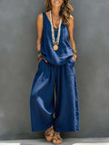 Women’s Cotton Linen Sleeveless Tank Top and Wide-Leg Pants Set Blue