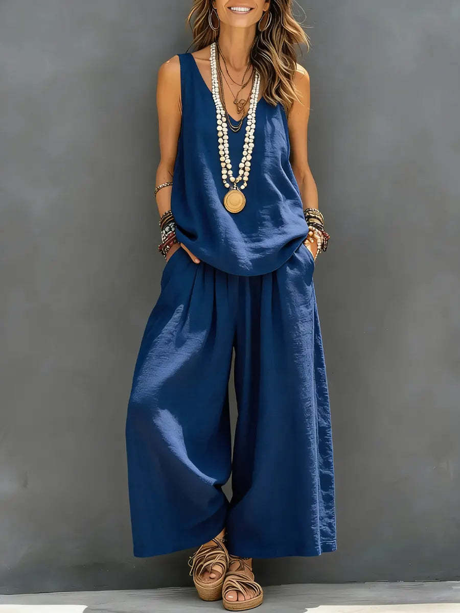 Women’s Cotton Linen Sleeveless Tank Top and Wide-Leg Pants Set Blue