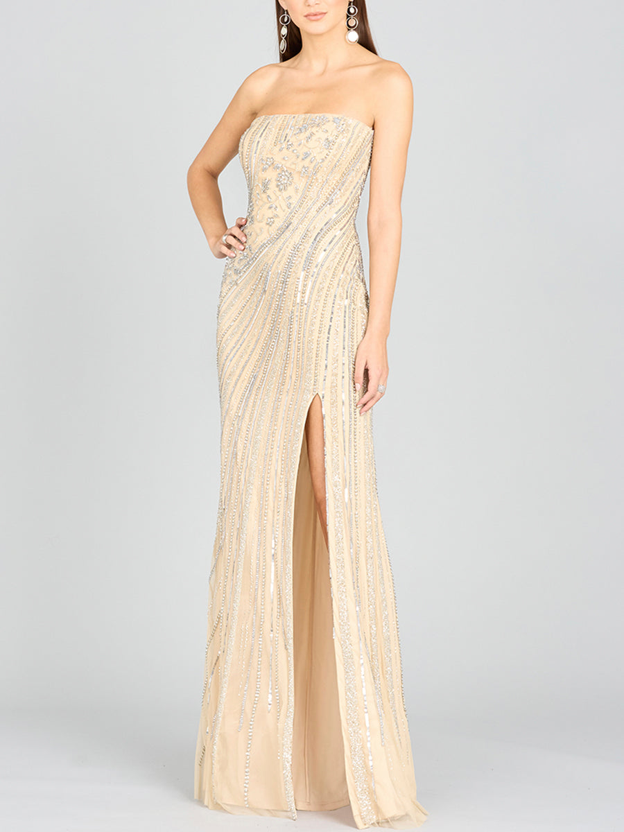 Freddy Strapless Beaded Gown Nude Silver