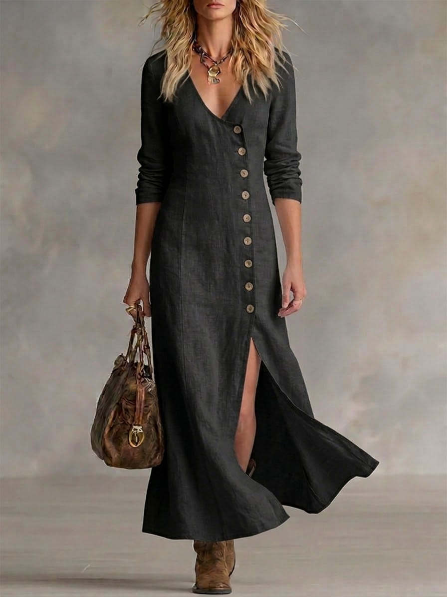Casual Cotton Linen Long Sleeve Women’s Dress Black
