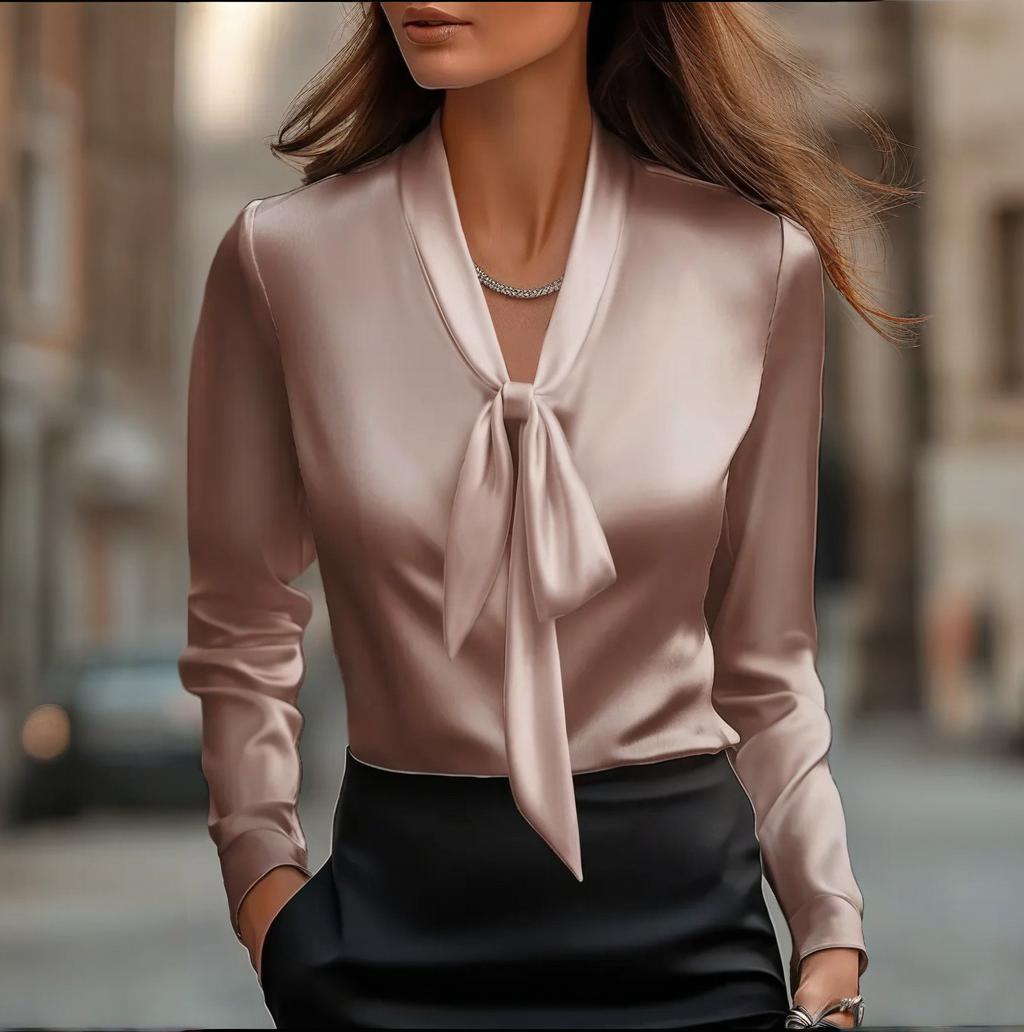 Elegant Satin Ribbon Blouse — Long Sleeve Button-Down Work Shirt Pink