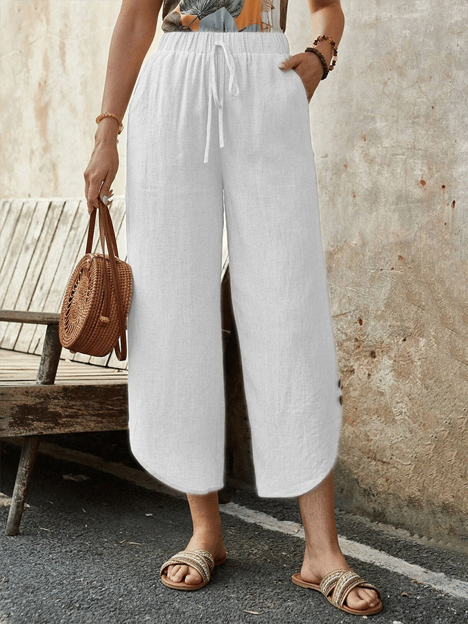🌿 Women's Cotton-Linen Cropped Drawstring Pants White