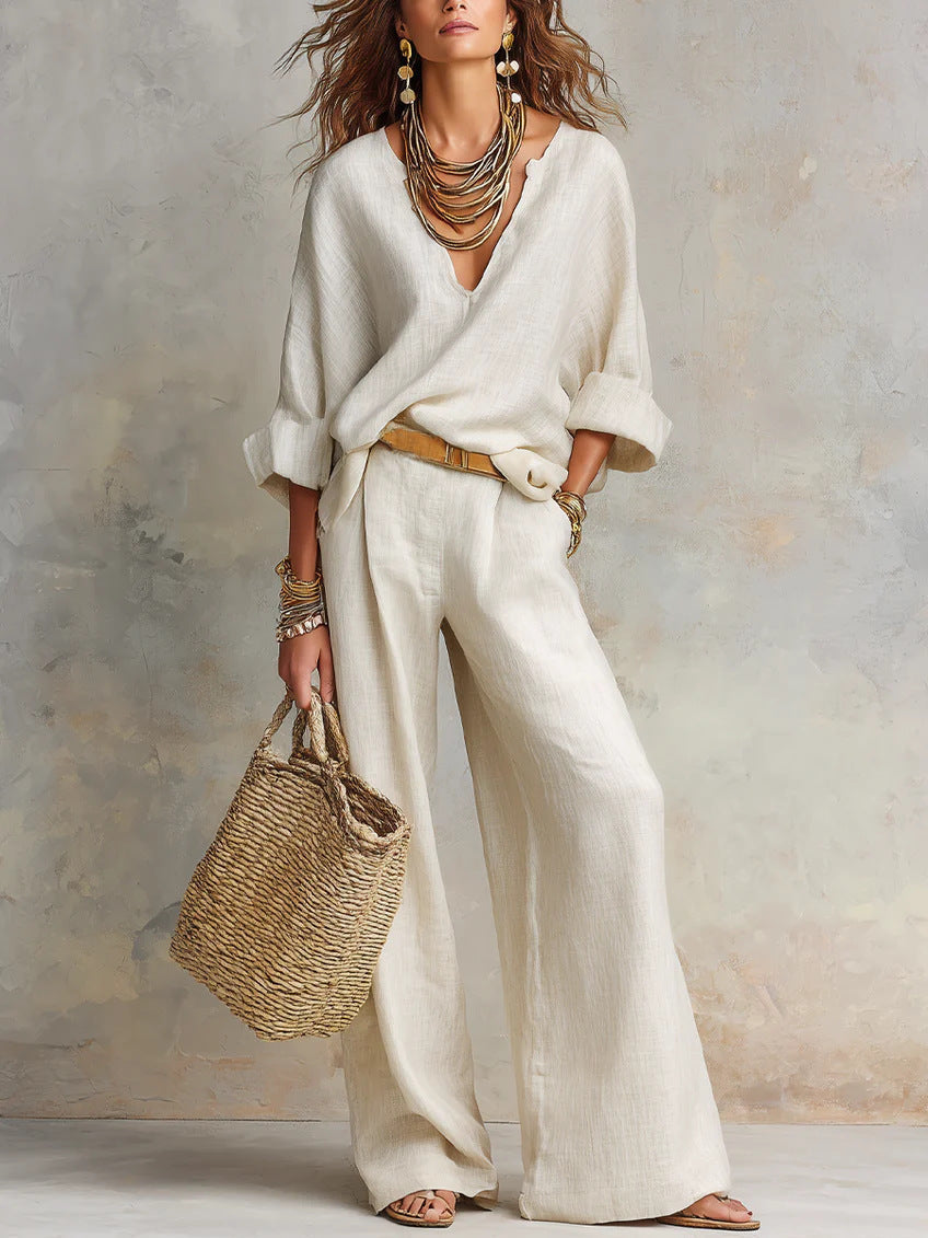 Women's Casual Linen Vacation Set – Three-Quarter Sleeve Top & Full-Length Pants White