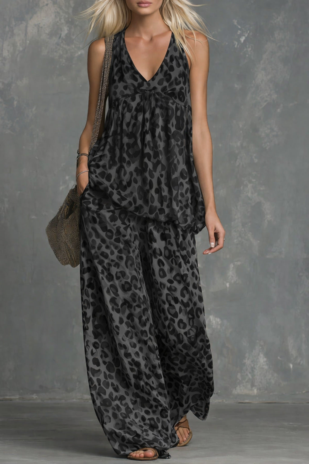 Women’s Leopard Print Sleeveless Top and Chiffon Pants Set Black