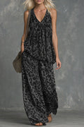 Women’s Leopard Print Sleeveless Top and Chiffon Pants Set Black