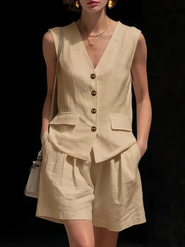 Women’s Cotton Linen Sleeveless Vest Top and Shorts Set Khaki