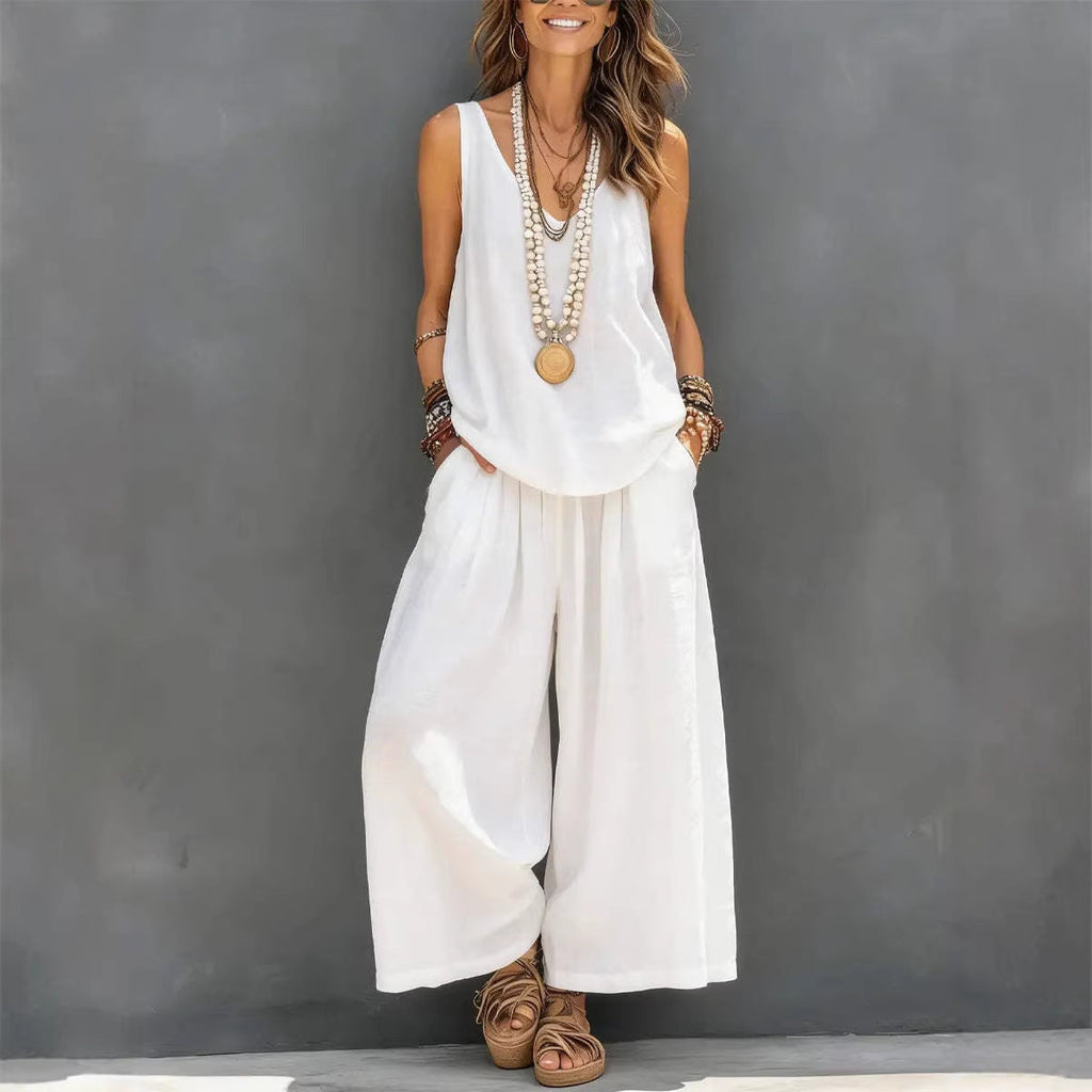 Women’s Cotton Linen Sleeveless Tank Top and Wide-Leg Pants Set