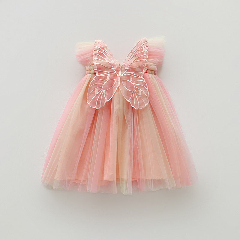 Rainbow Wings Mesh Girl Dress Orange Pink Rainbow