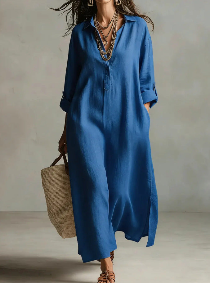 Women's Casual Long-Sleeve Linen Shirt Dress – Relaxed Fit Blue