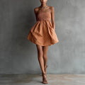 Women's Strapless Tube Mini Dress – Solid Color Elastic Waist Bronze