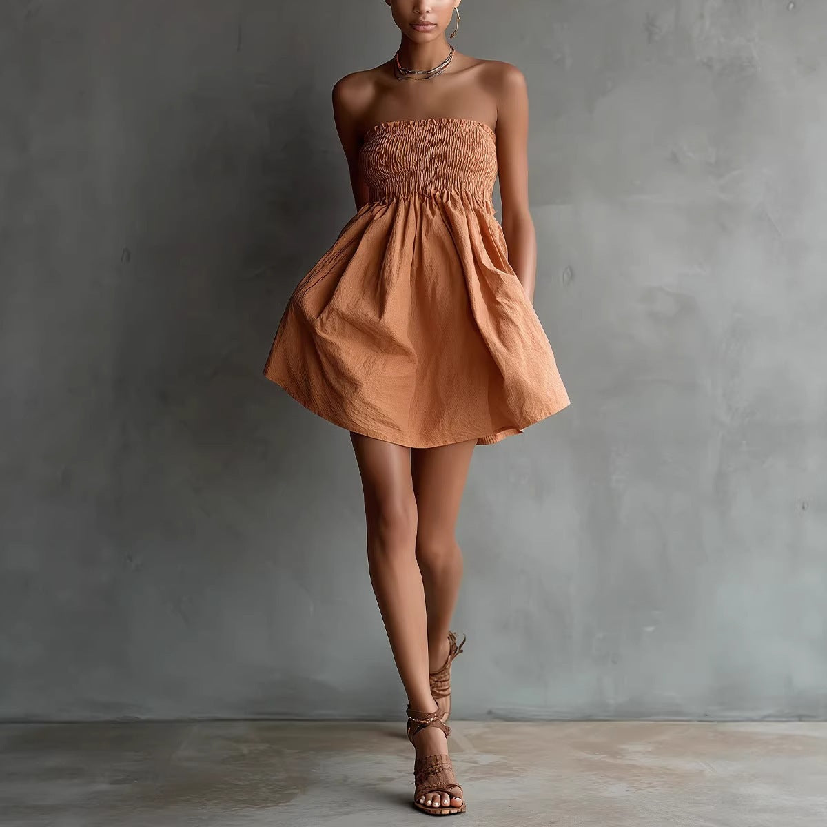 Women's Strapless Tube Mini Dress – Solid Color Elastic Waist Bronze