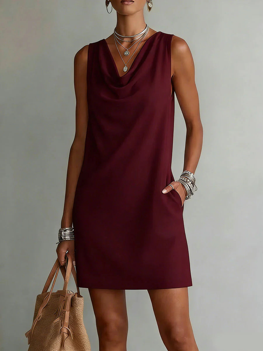 Women's Off-Shoulder Sleeveless Dress – Casual Pullover Midi Dress Wine Red