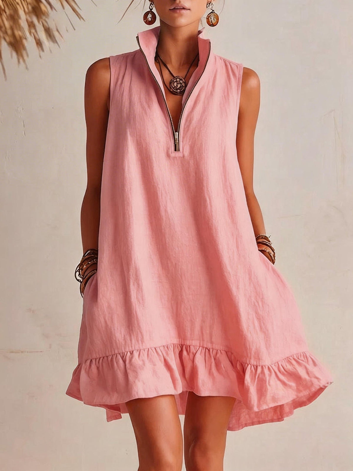 Women's Casual Loose Half-Zip Sleeveless Dress with Ruffle Hem Pink