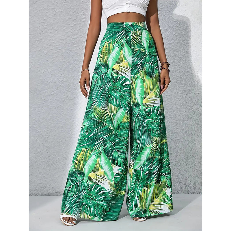 Women’s Printed High‑Waist Wide‑Leg Palazzo Pants Grass Green