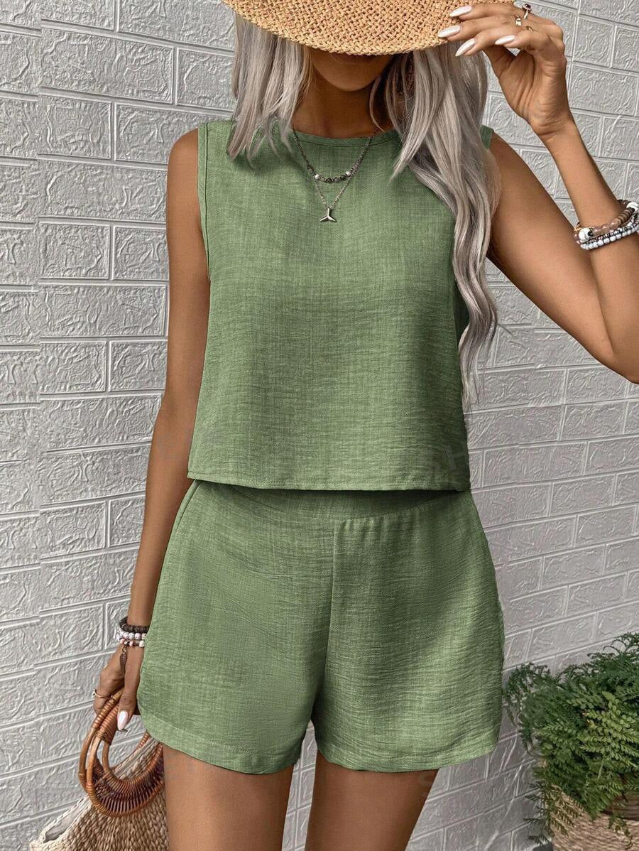 Women's Solid Color Sleeveless Vest & Shorts Set Army Green Suit