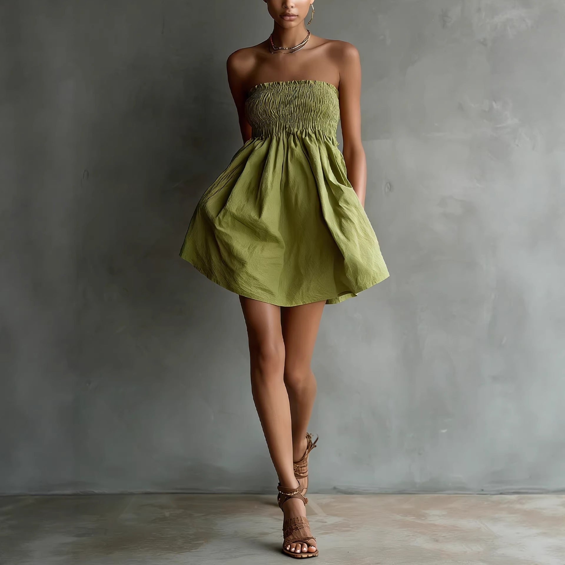 Women's Strapless Tube Mini Dress – Solid Color Elastic Waist Green