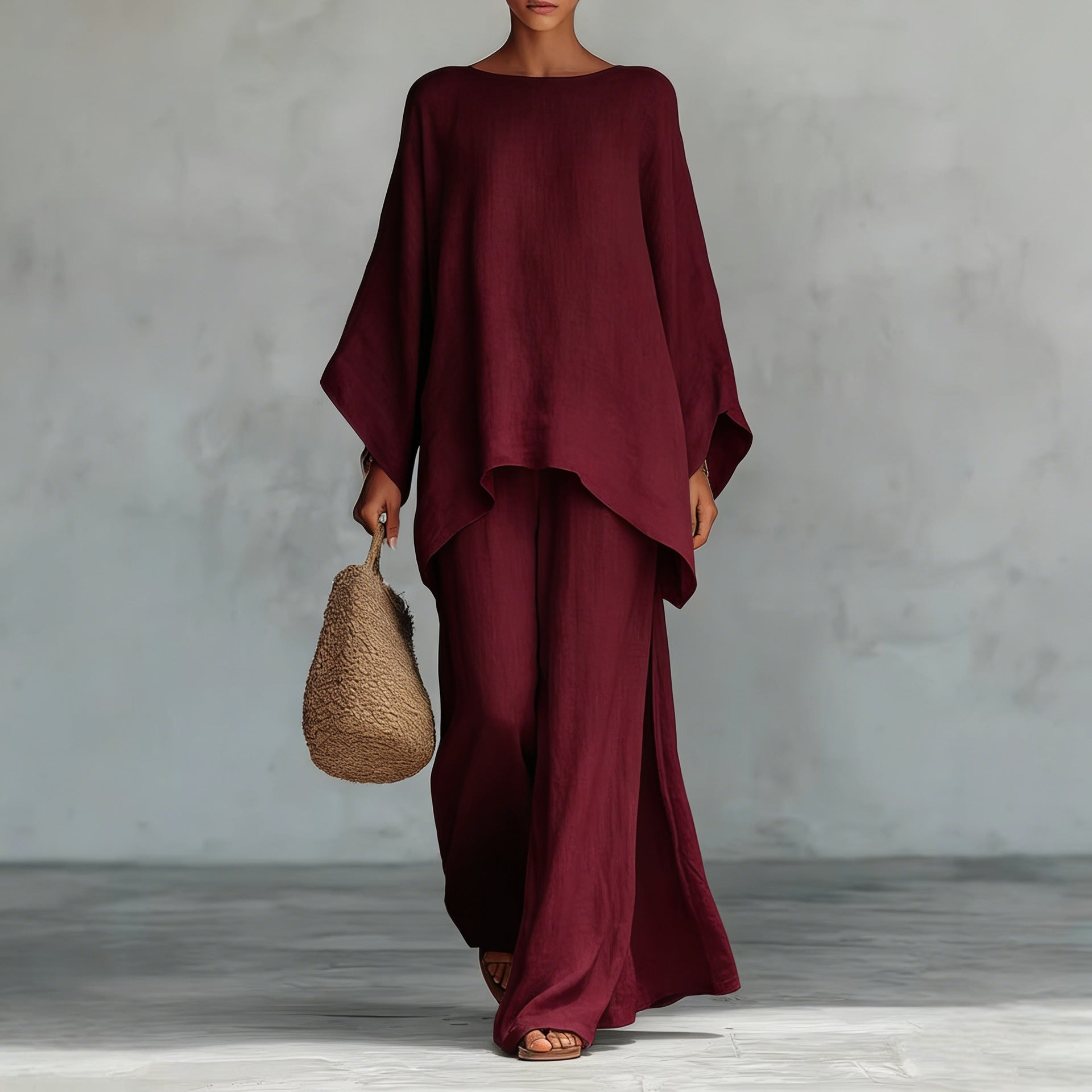 Women’s Printed Crew Neck Long Sleeve Two Piece Set Wine Red