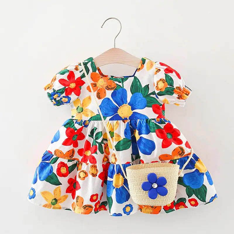 Girls' Floral Dress with Bag Blue big flower bag X 80cm
