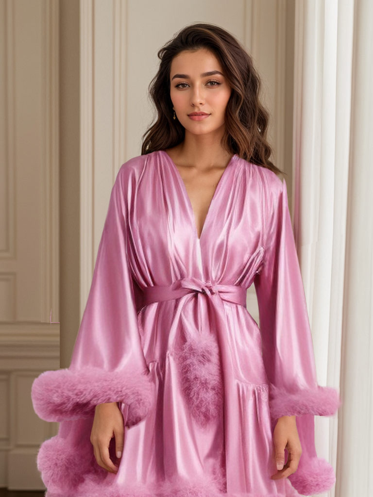 Short Satin Feather Robe – Holiday Photoshoot, Christmas Gift, Glam Party Outfit Dusty Pink