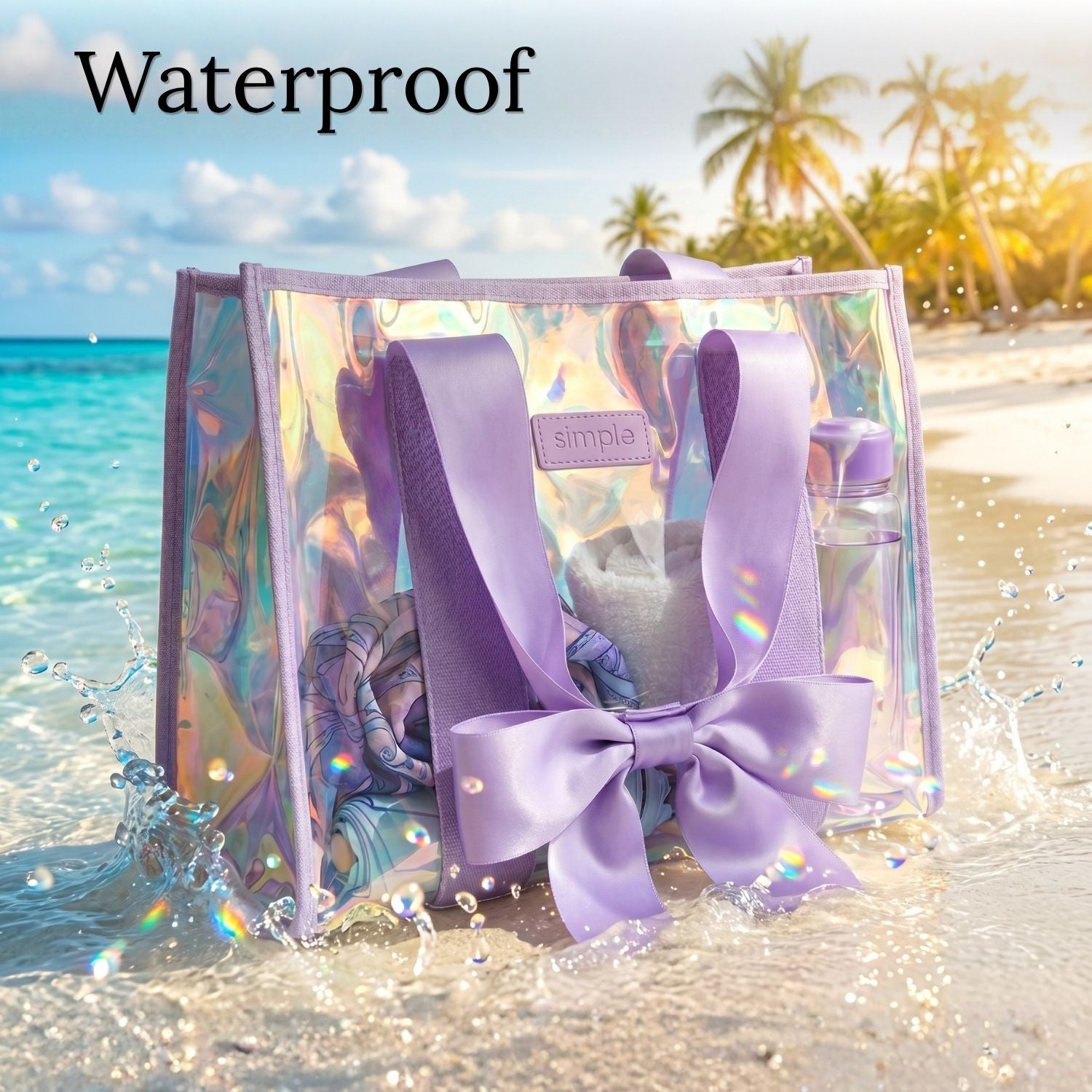 BowMe Prism Bubble Beach Tote with Phone Pouch – Waterproof, Tip-Proof & Foldable (Prism Pink & Purple)