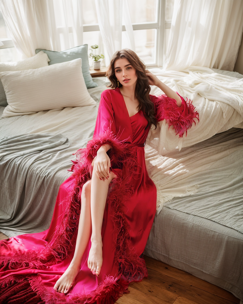 Luxury Ostrich Feather Satin Bridal Robe – White/Ivory Train, Holiday Photoshoot Gift Red