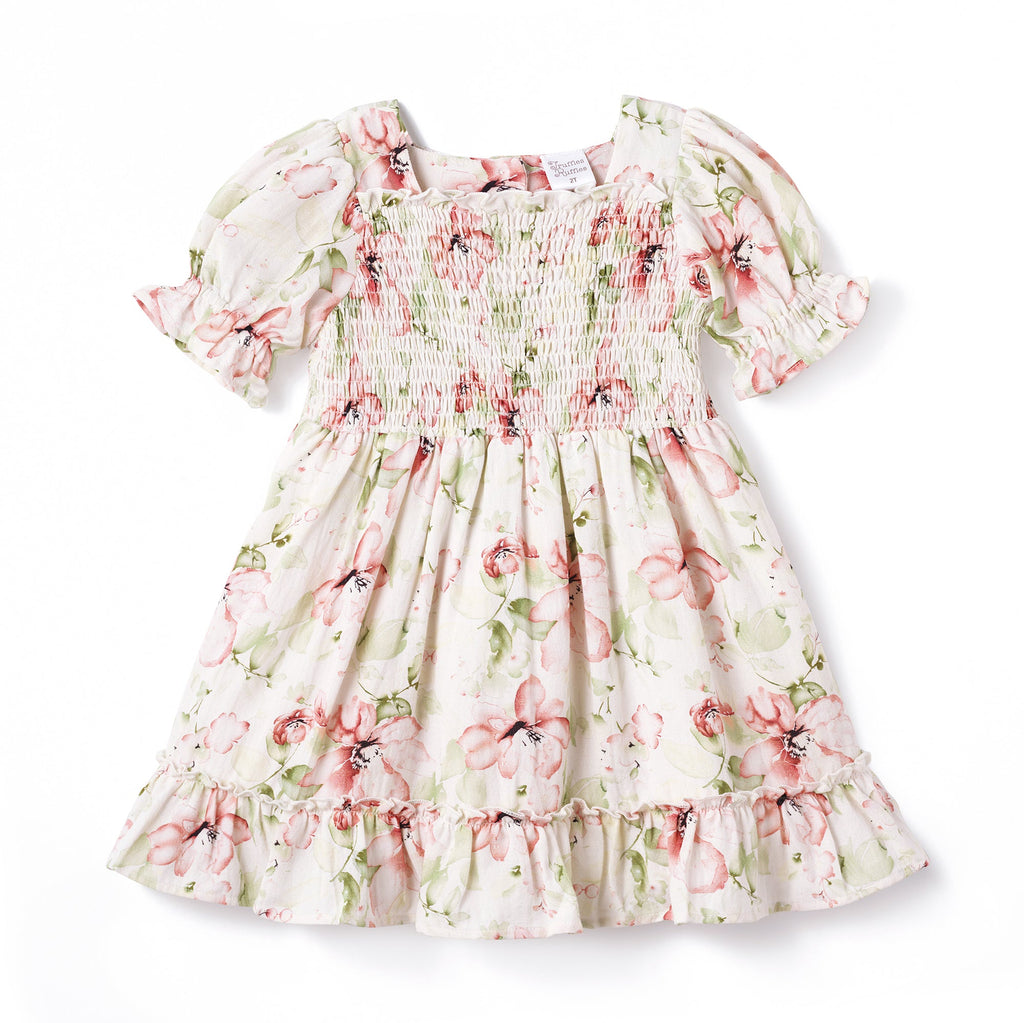 Blush Bouquet Smocked Bodice Puff Sleeve Dress 6Y
