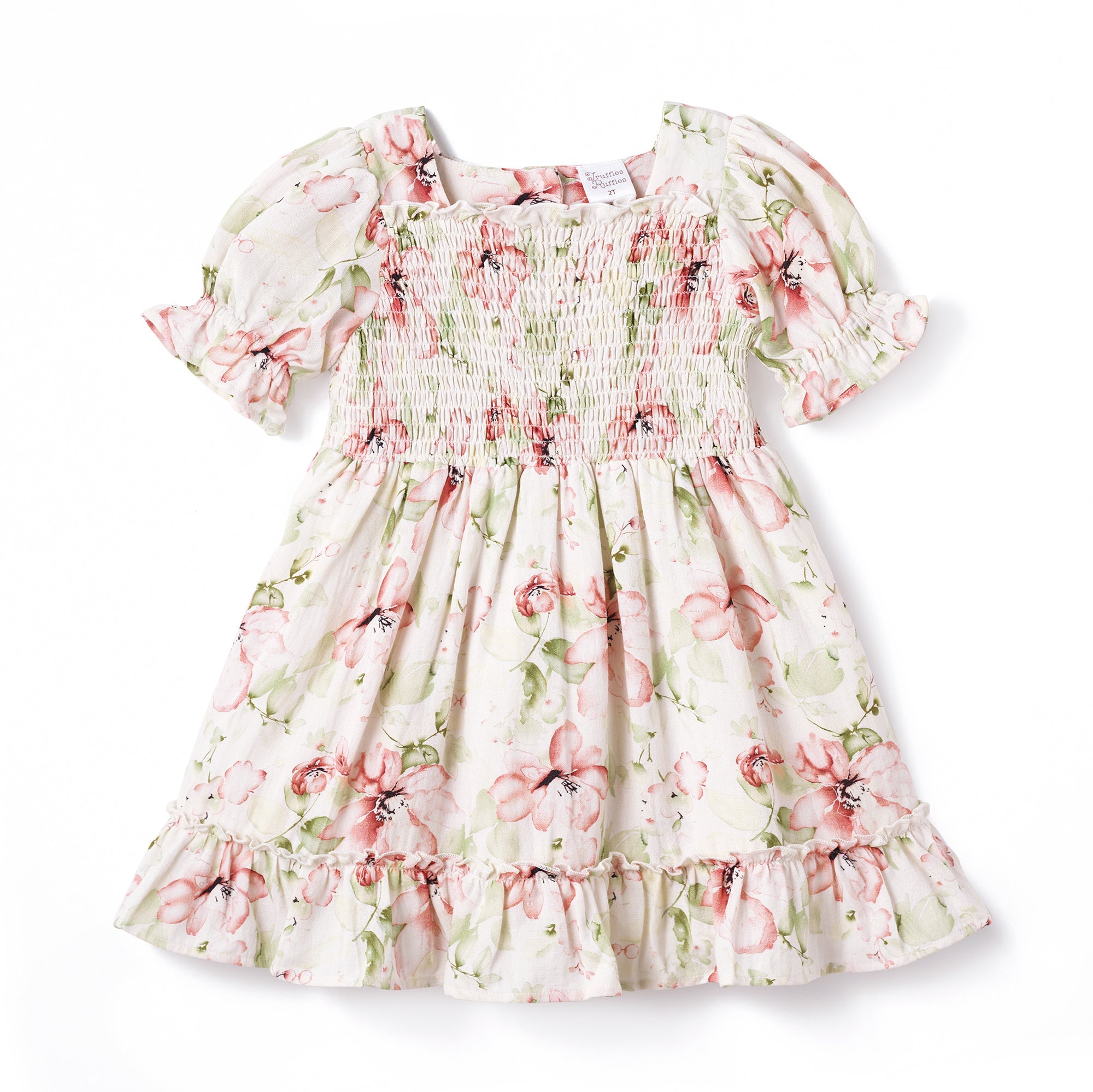 Blush Bouquet Smocked Bodice Puff Sleeve Dress 6Y