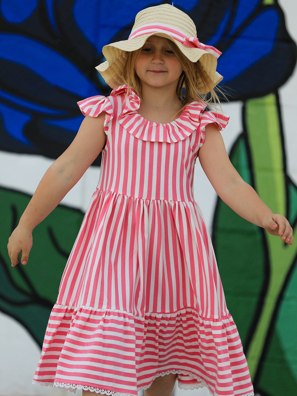 Spring Pink Striped Ruffled Girls' Dress with Hat